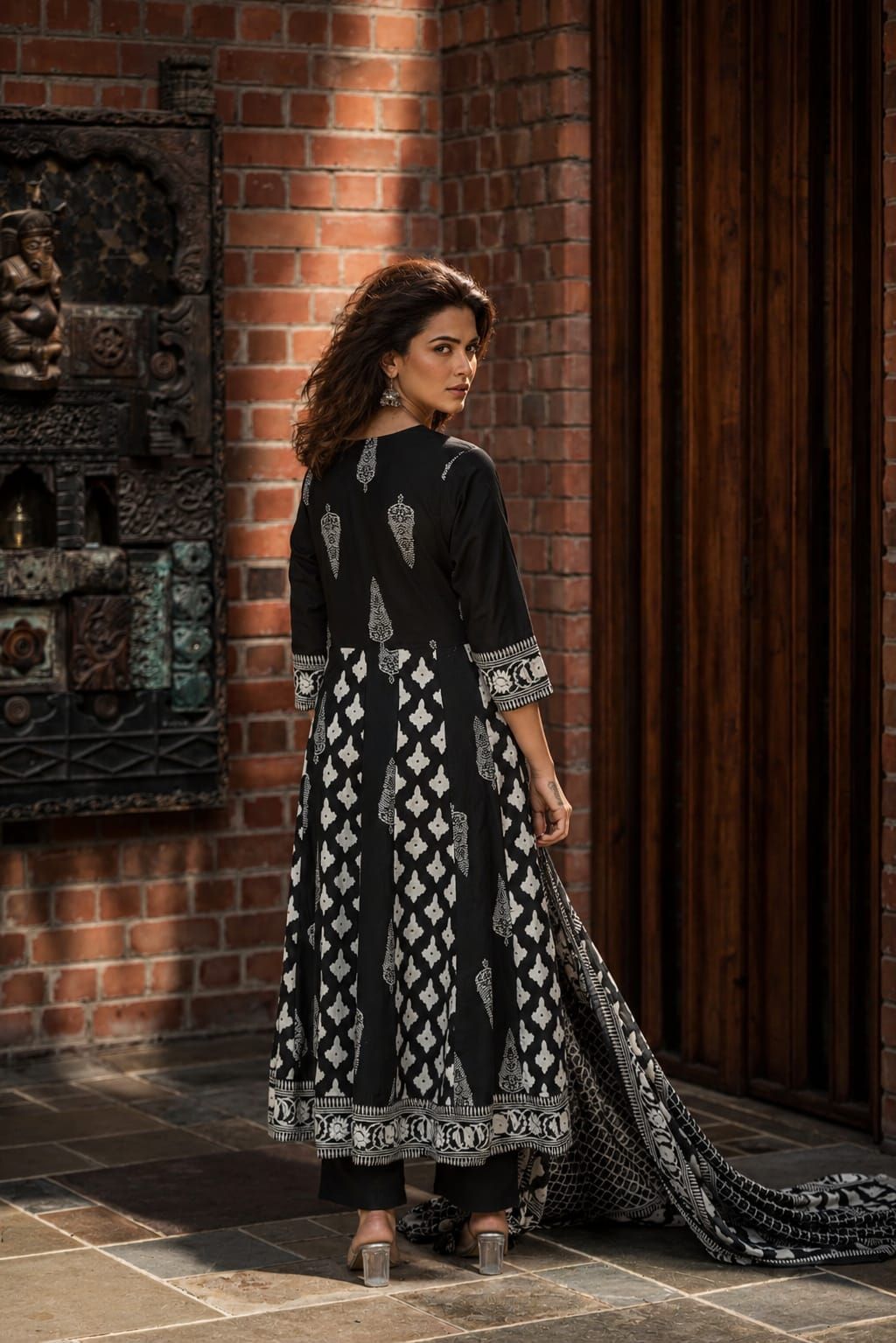 Black Printed Flared Cotton Kurta Pant Dupatta Set, view 2