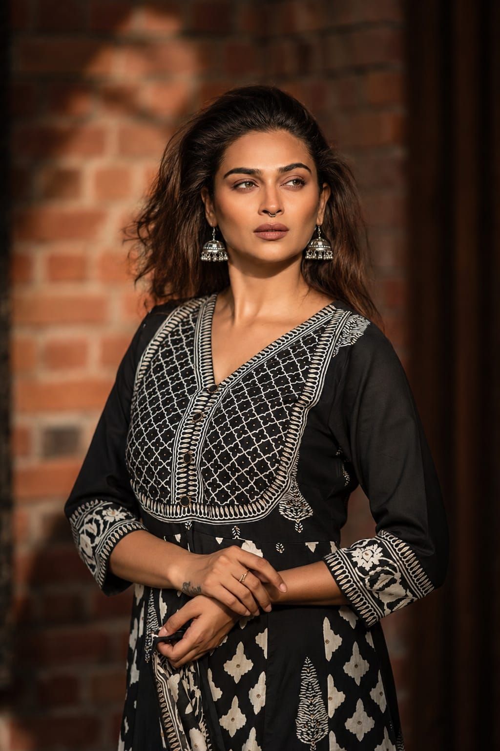 Black Printed Flared Cotton Kurta Pant Dupatta Set, view 3