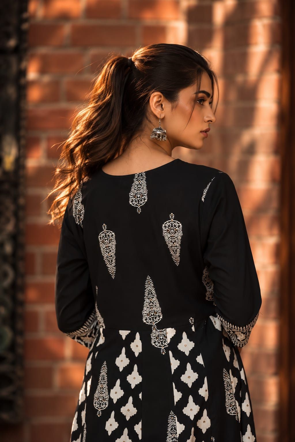 Black Printed Flared Cotton Kurta Pant Dupatta Set, view 4