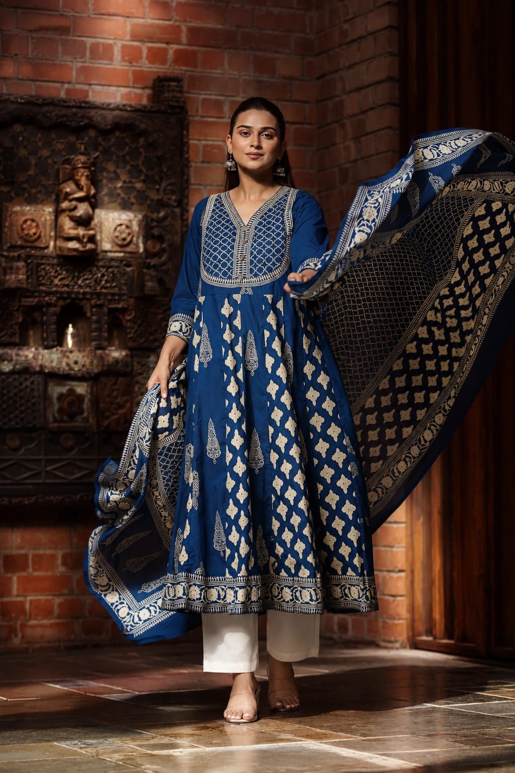 Navy Printed Flared Cotton Kurta Pant Dupatta Set, view 1