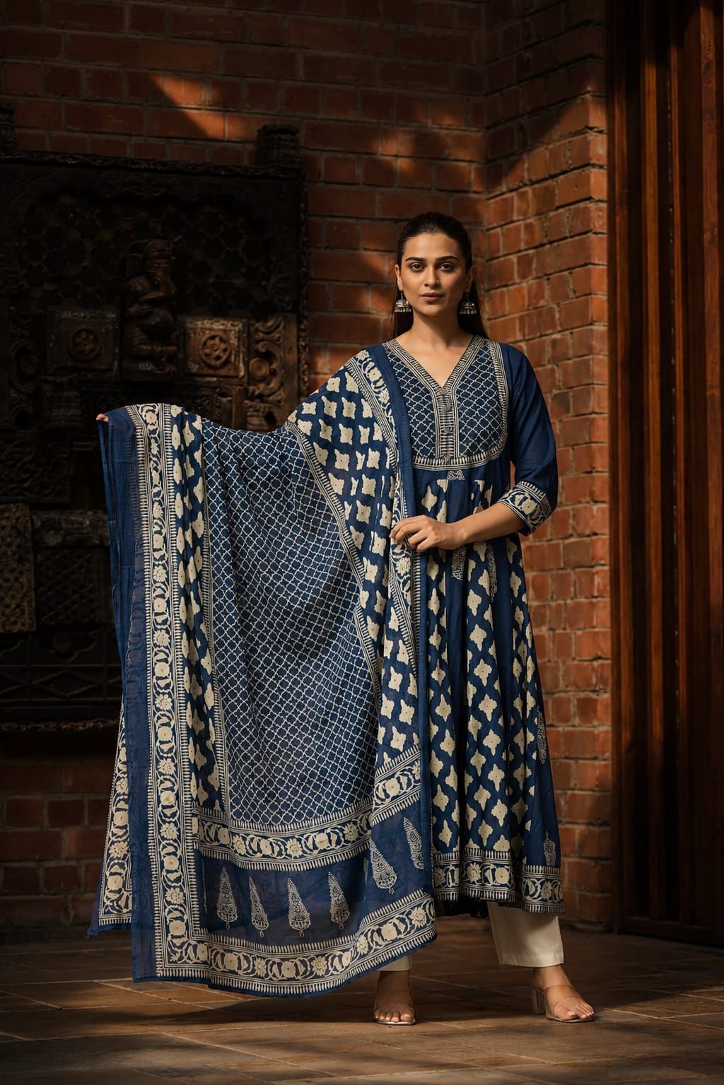 Navy Printed Flared Cotton Kurta Pant Dupatta Set, view 2