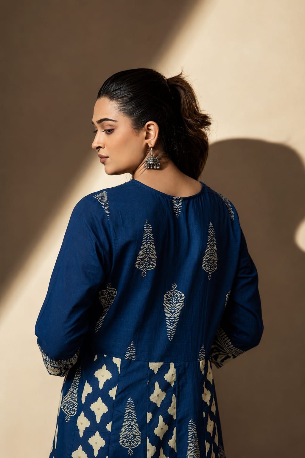 Navy Printed Flared Cotton Kurta Pant Dupatta Set, view 3