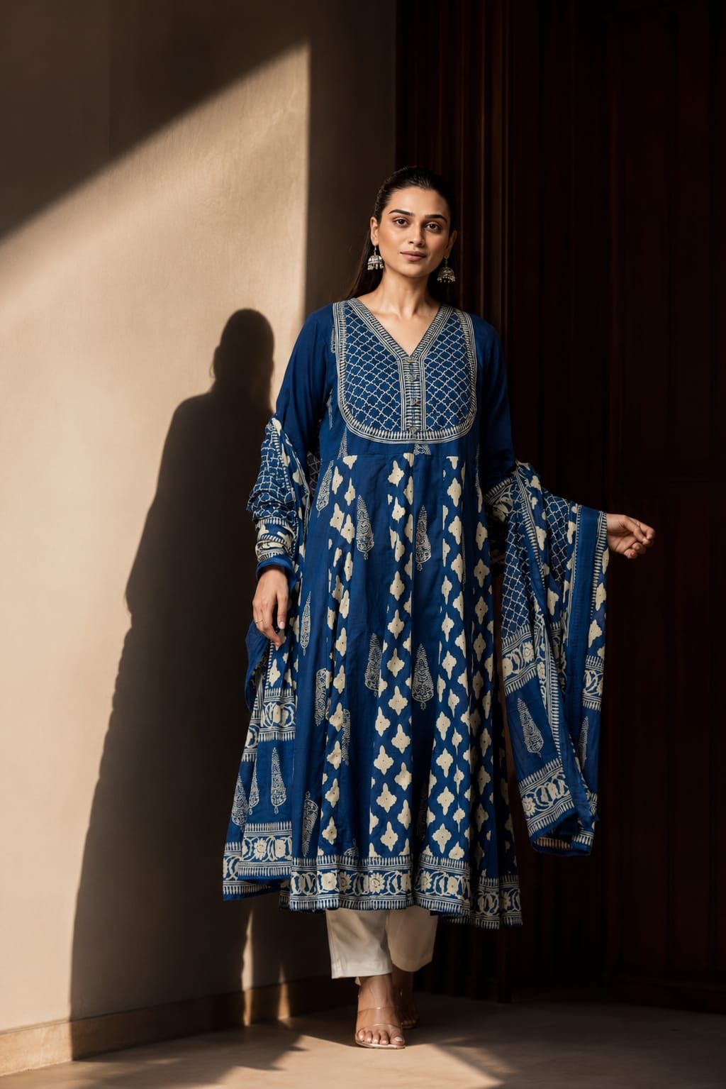 Navy Printed Flared Cotton Kurta Pant Dupatta Set, view 4