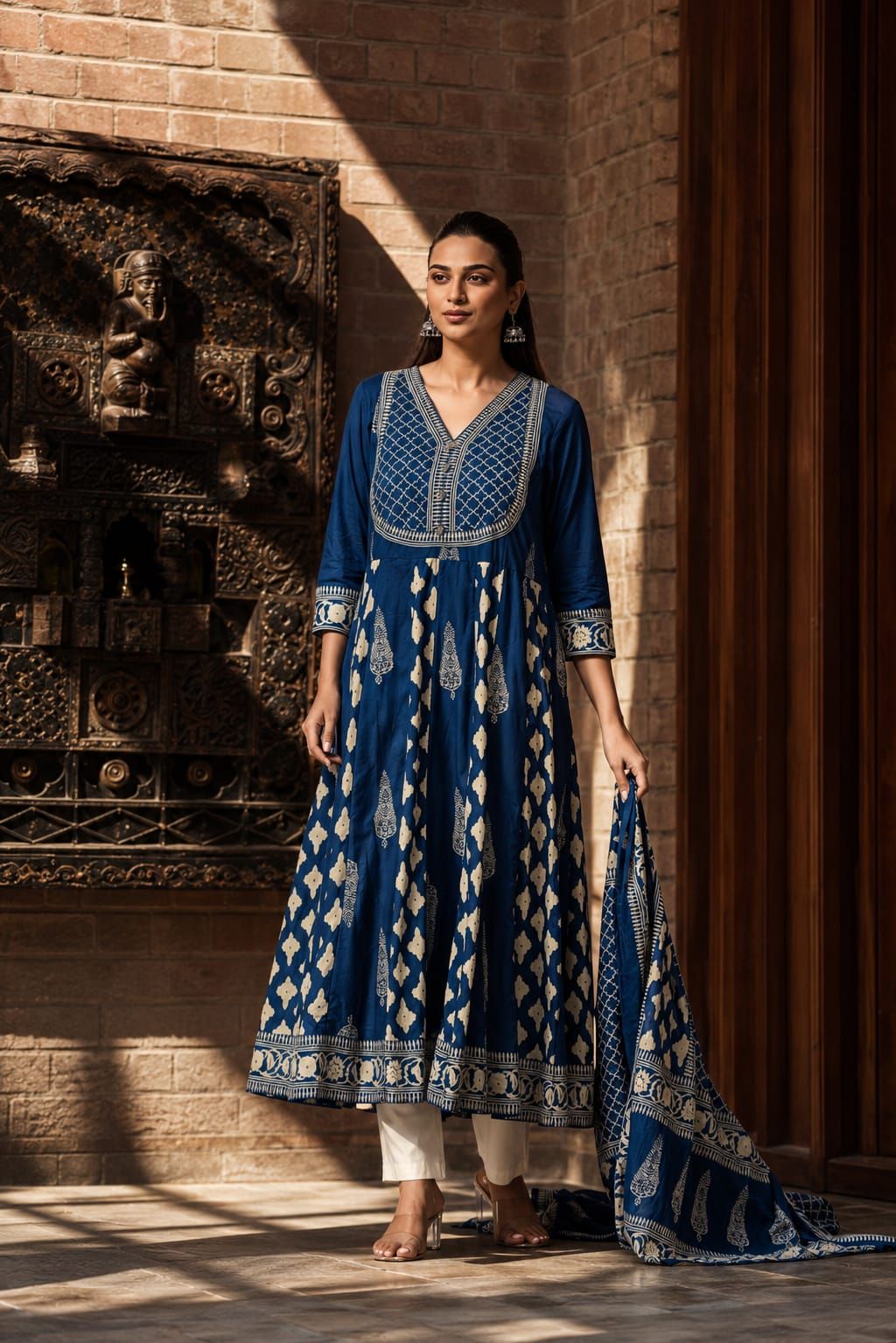 Navy Printed Flared Cotton Kurta Pant Dupatta Set, view 5