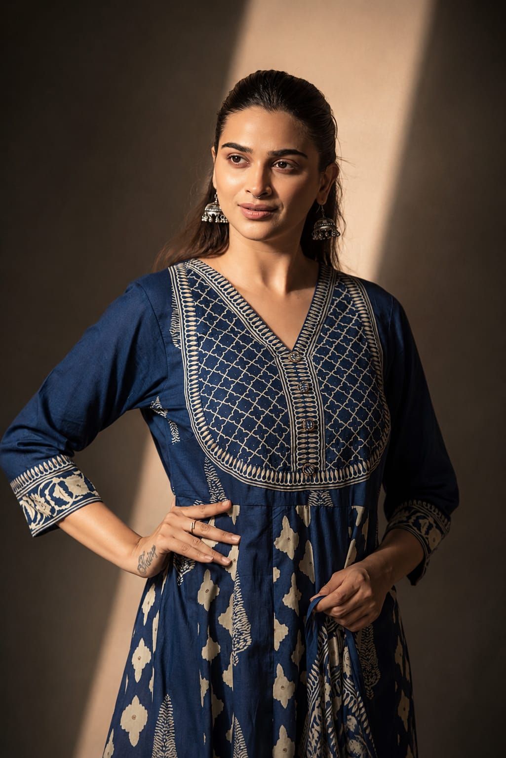 Navy Printed Flared Cotton Kurta Pant Dupatta Set, view 6