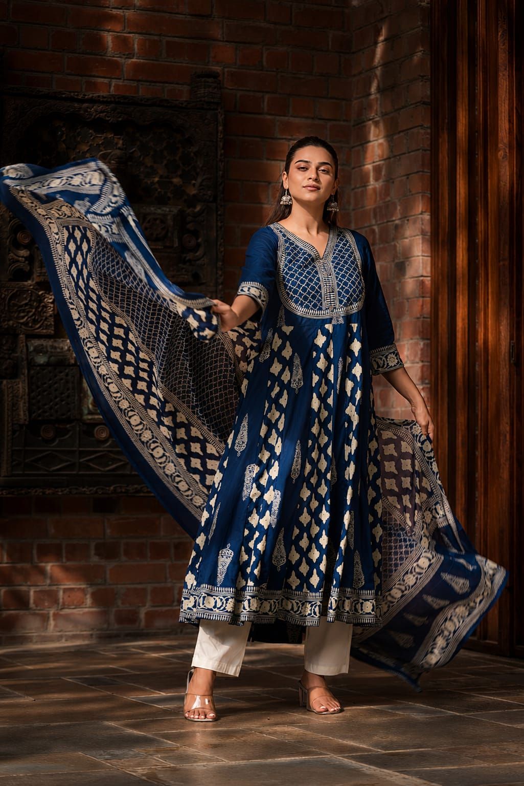 Navy Printed Flared Cotton Kurta Pant Dupatta Set, view 7