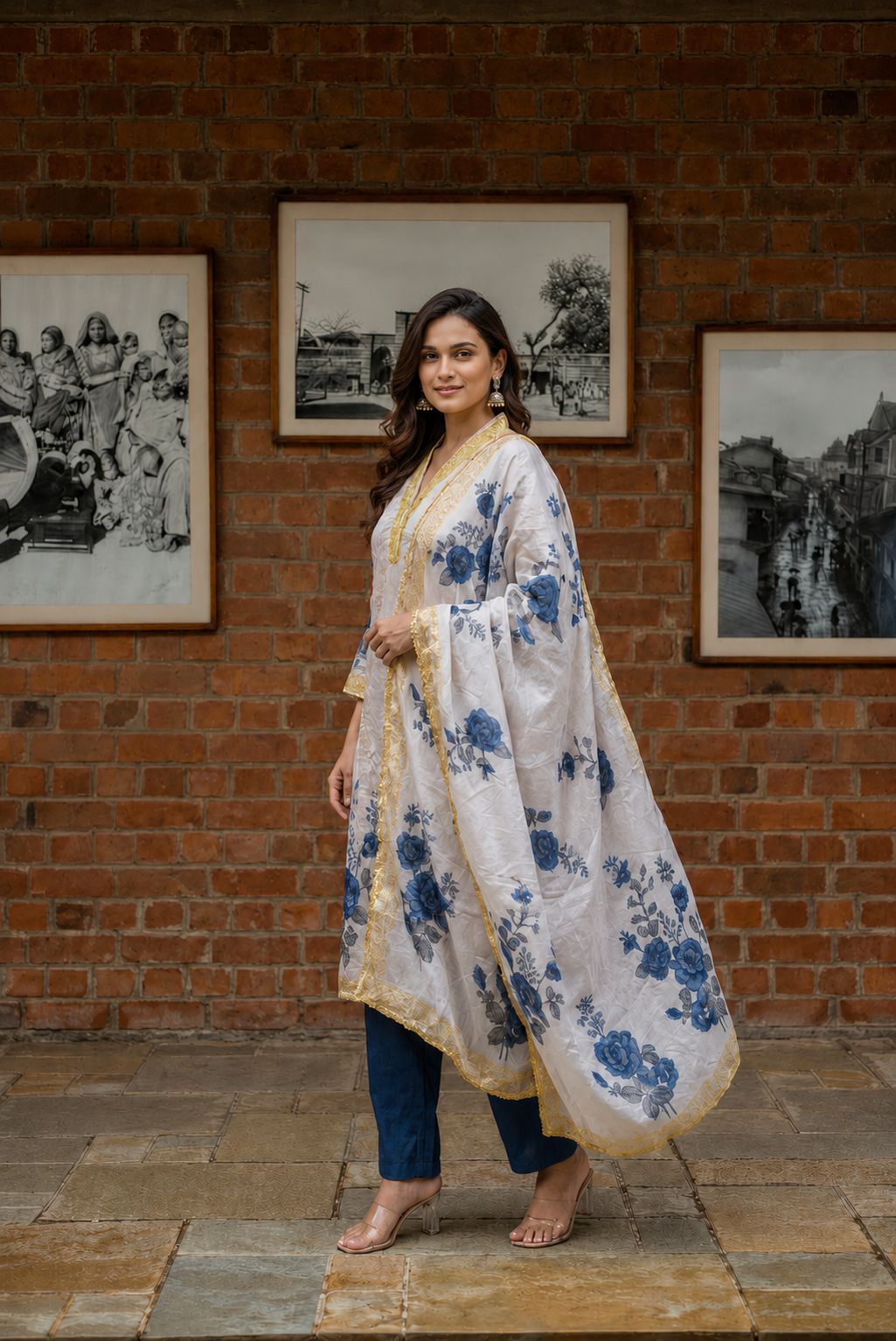 Blue Floral Printed Fendy Silk Straight Kurta Pant Set, view 1