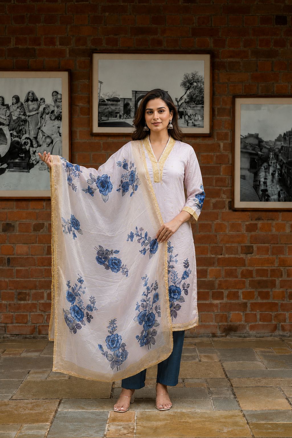 Blue Floral Printed Fendy Silk Straight Kurta Pant Set, view 2