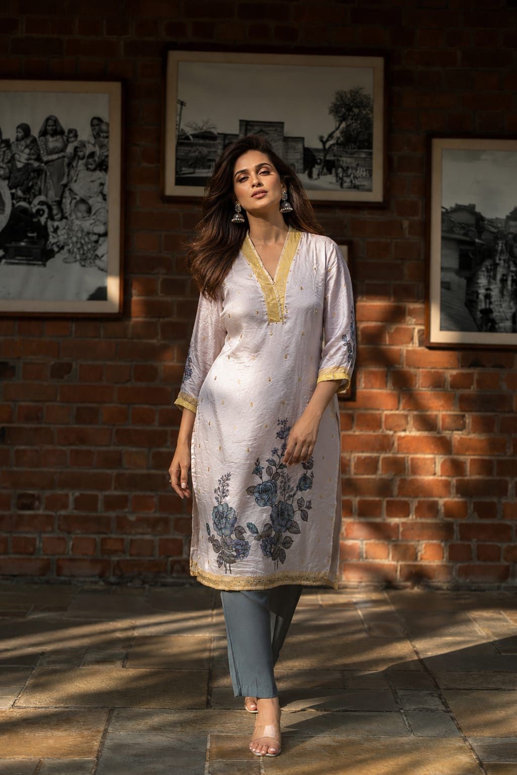 Blue Floral Printed Fendy Silk Straight Kurta Pant Set, view 3