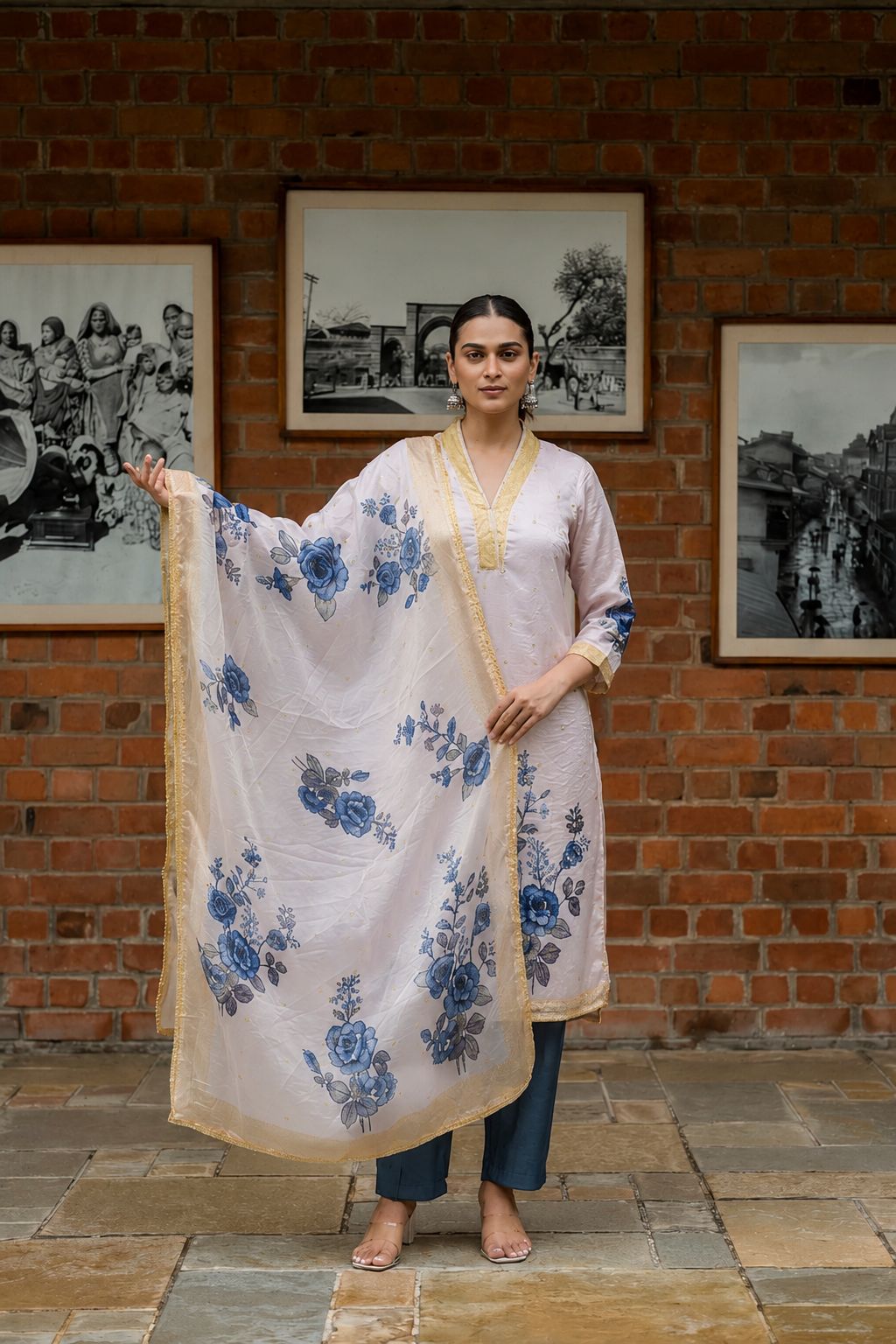 Blue Floral Printed Fendy Silk Straight Kurta Pant Set, view 5
