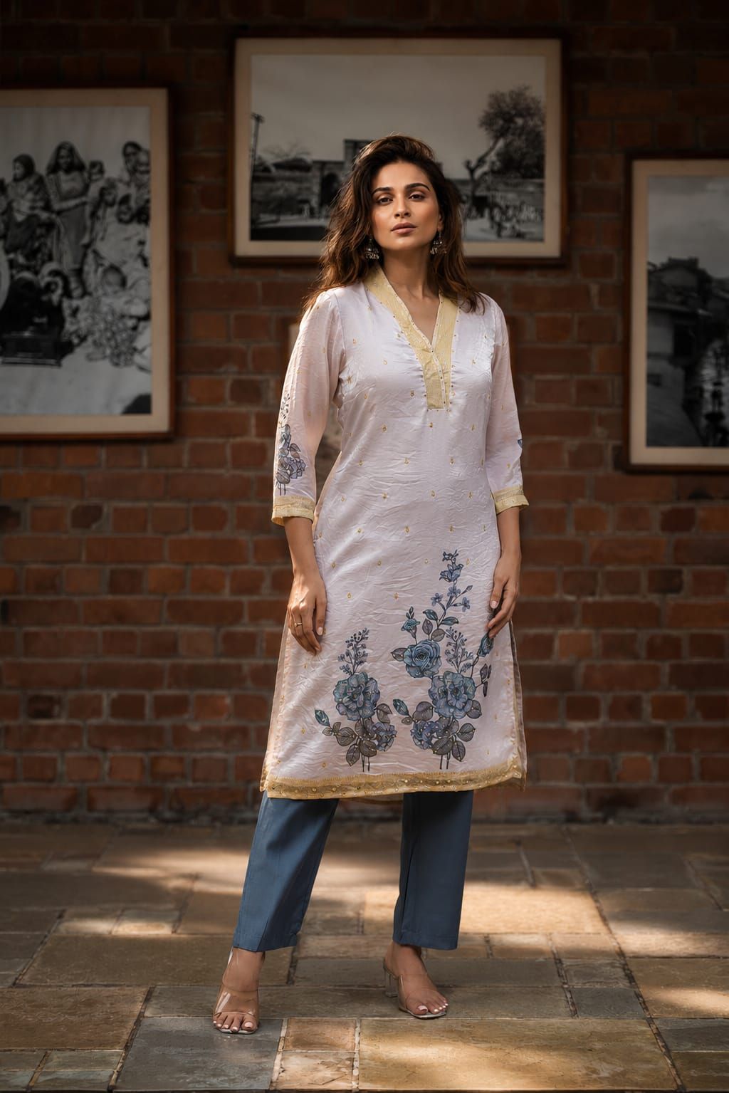 Blue Floral Printed Fendy Silk Straight Kurta Pant Set, view 9