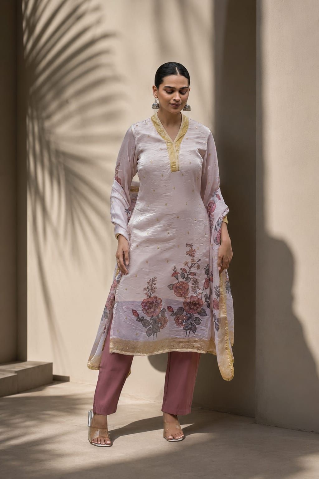 Lavender Floral Printed Fendy Silk Straight Kurta Pant Dupatta Set, view 1
