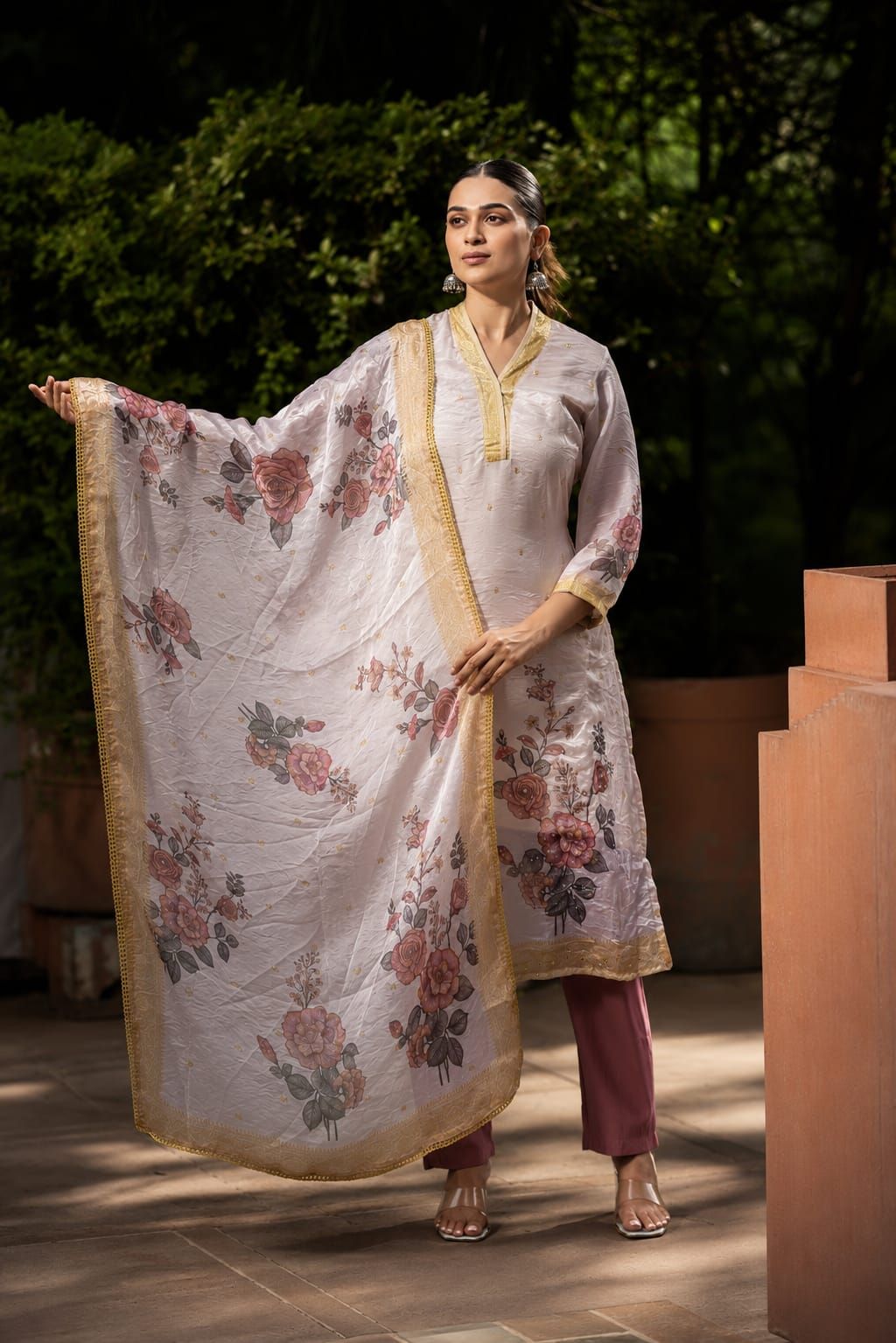 Lavender Floral Printed Fendy Silk Straight Kurta Pant Dupatta Set, view 2