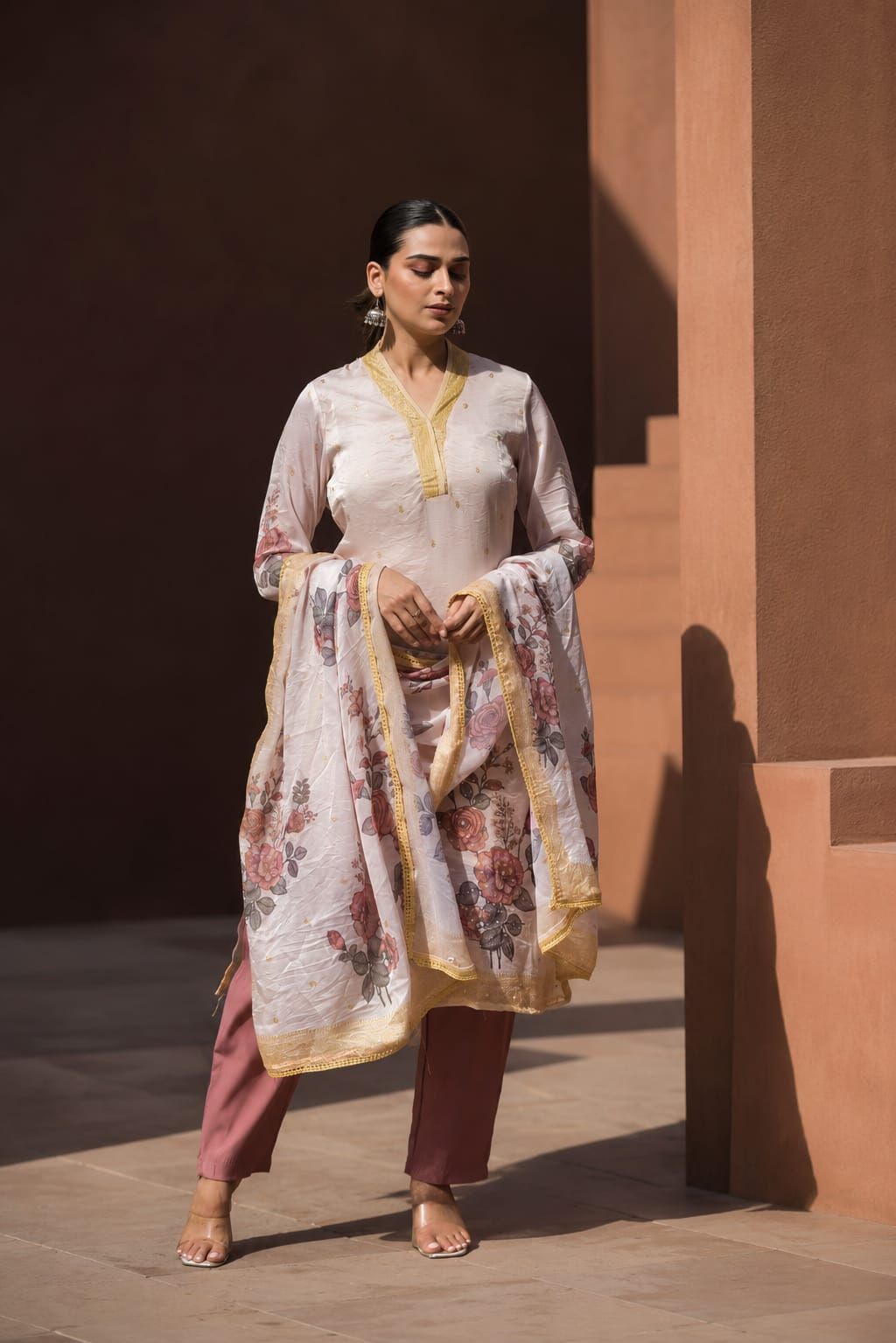 Lavender Floral Printed Fendy Silk Straight Kurta Pant Dupatta Set, view 4
