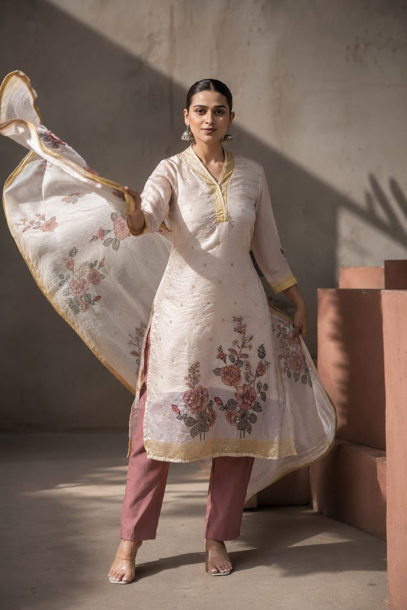 Lavender Floral Printed Fendy Silk Straight Kurta Pant Dupatta Set, view 5
