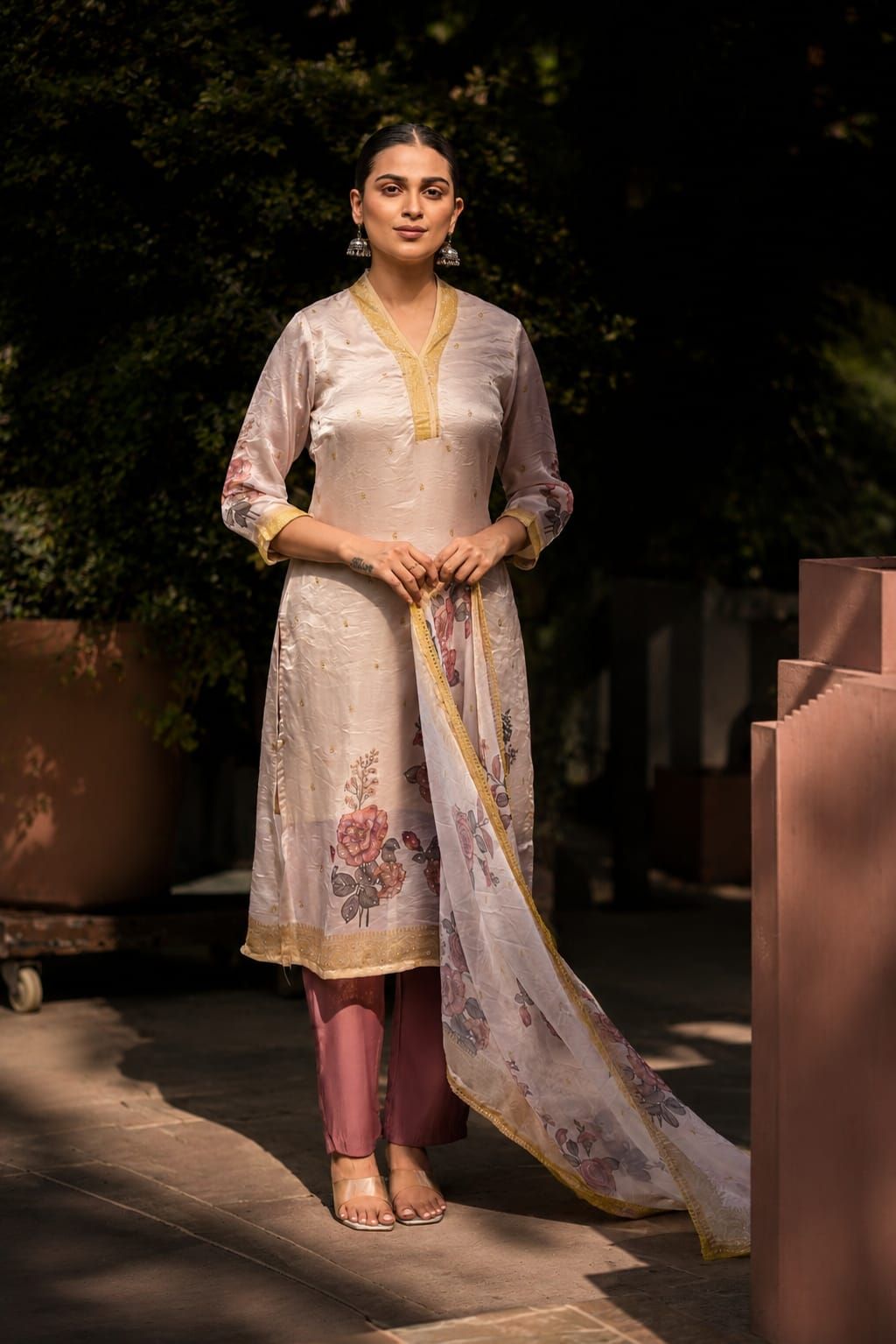 Lavender Floral Printed Fendy Silk Straight Kurta Pant Dupatta Set, view 7