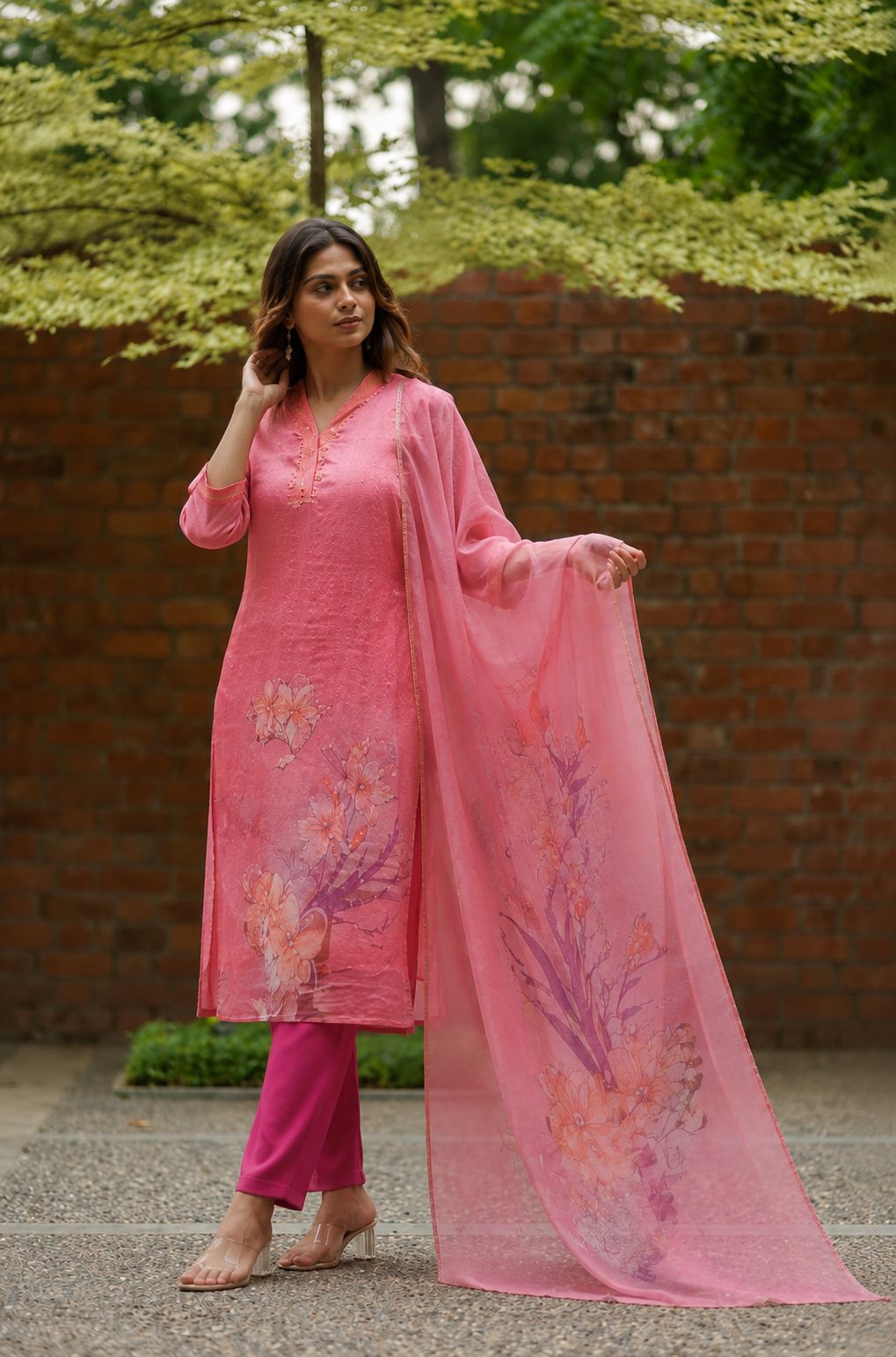 Peach Floral Printed Fendy Silk Straight Kurta Pant Set |, view 1