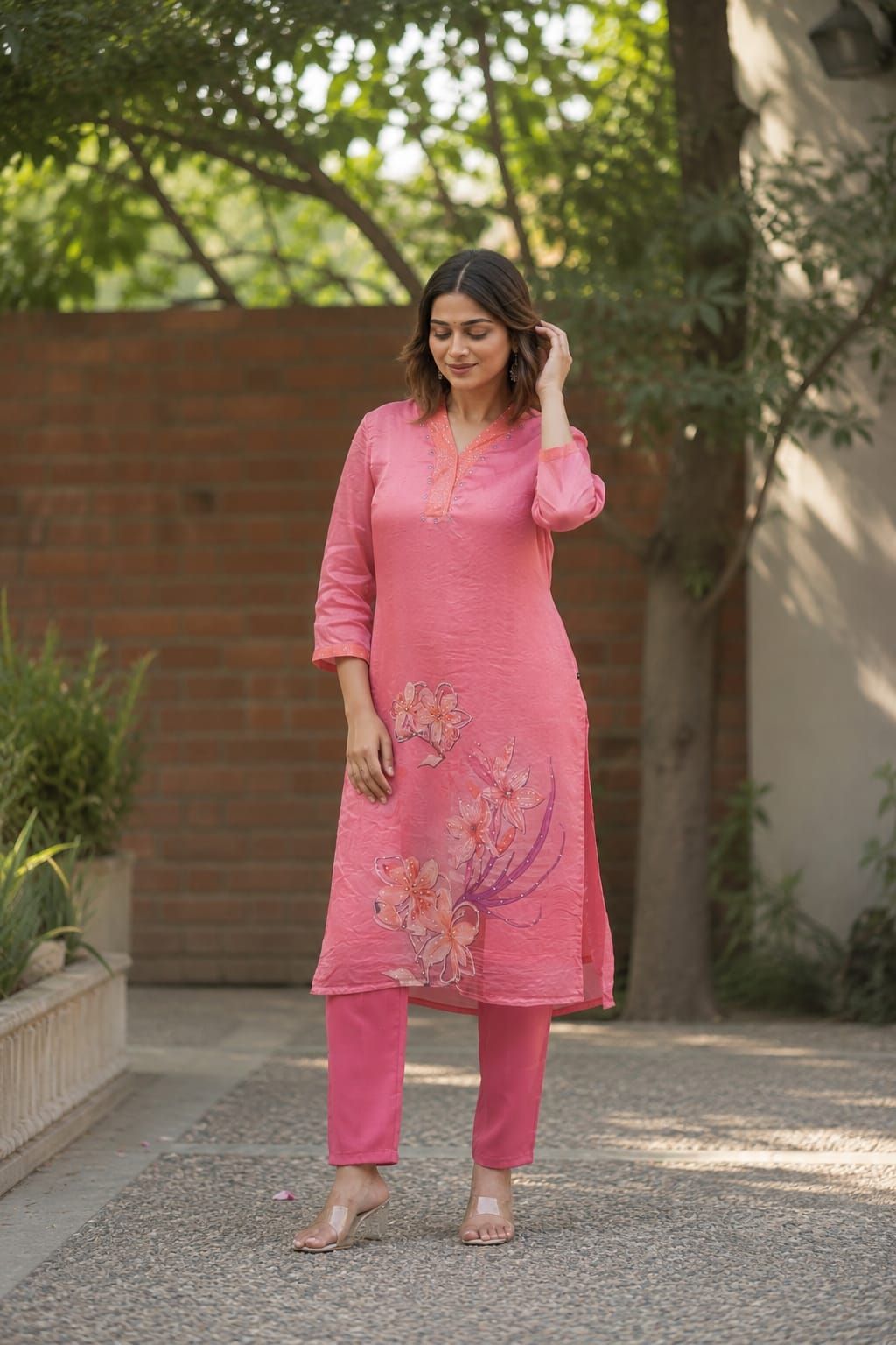 Peach Floral Printed Fendy Silk Straight Kurta Pant Set |, view 2
