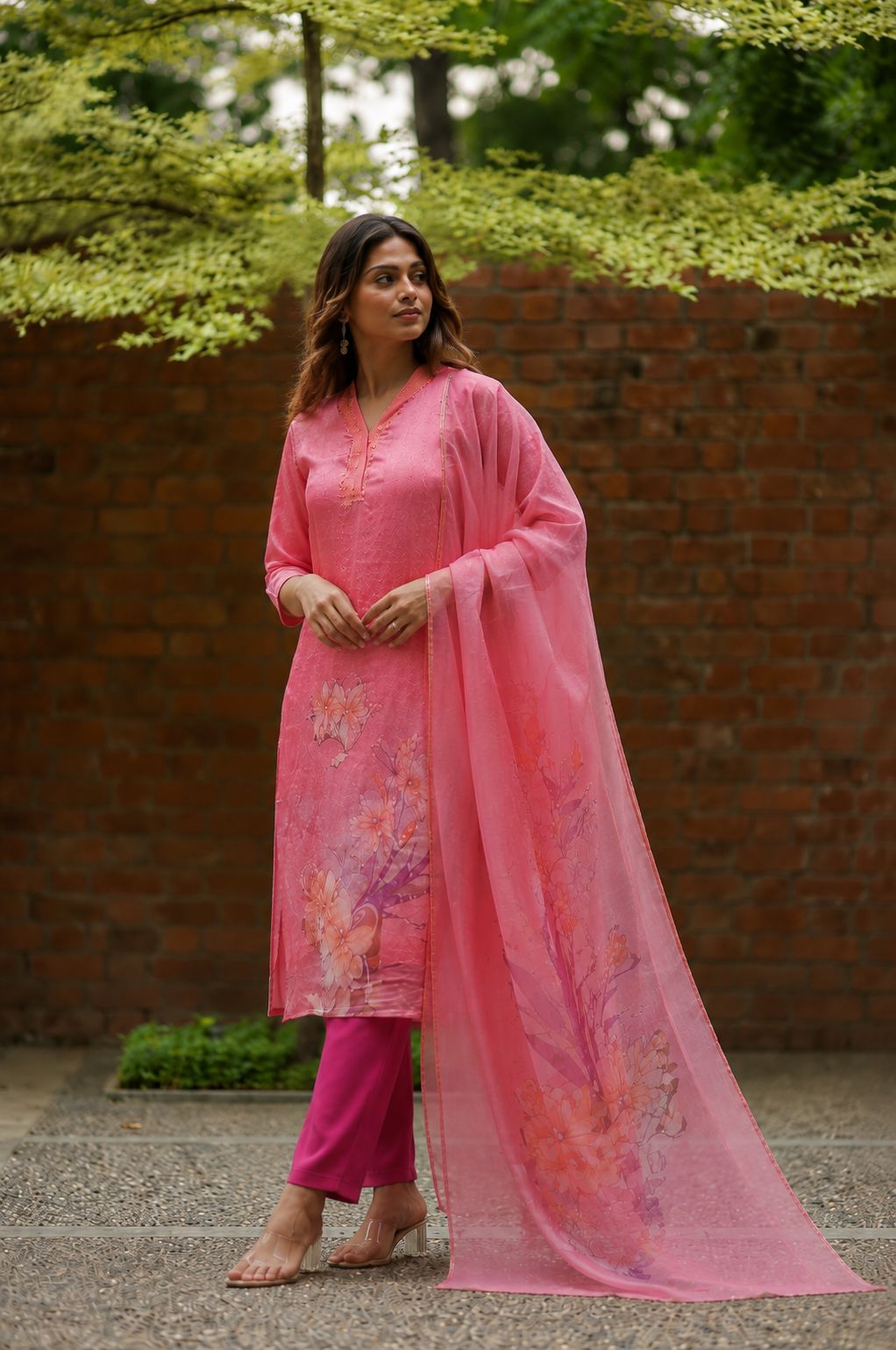 Peach Floral Printed Fendy Silk Straight Kurta Pant Set |, view 3
