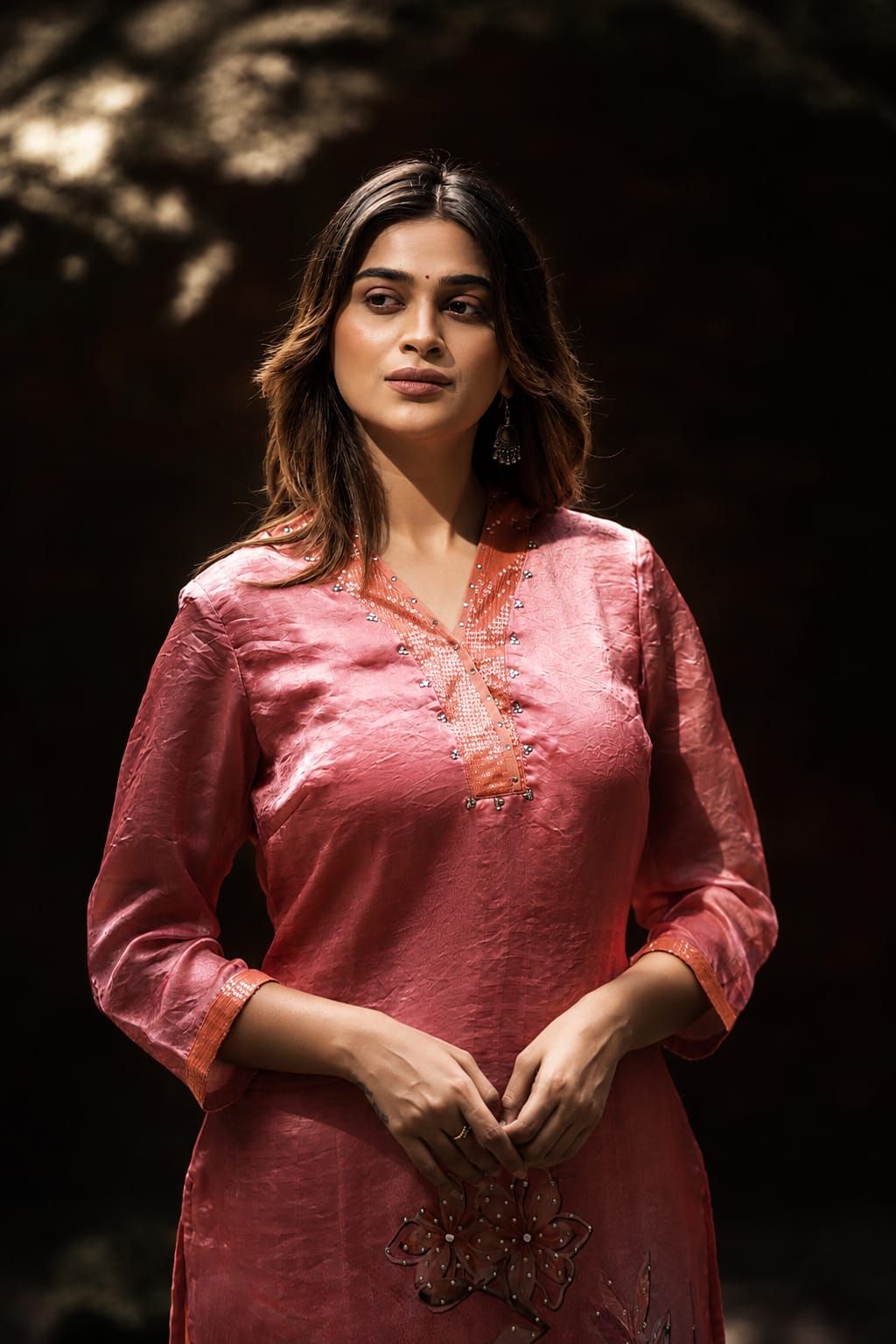 Peach Floral Printed Fendy Silk Straight Kurta Pant Set |, view 4
