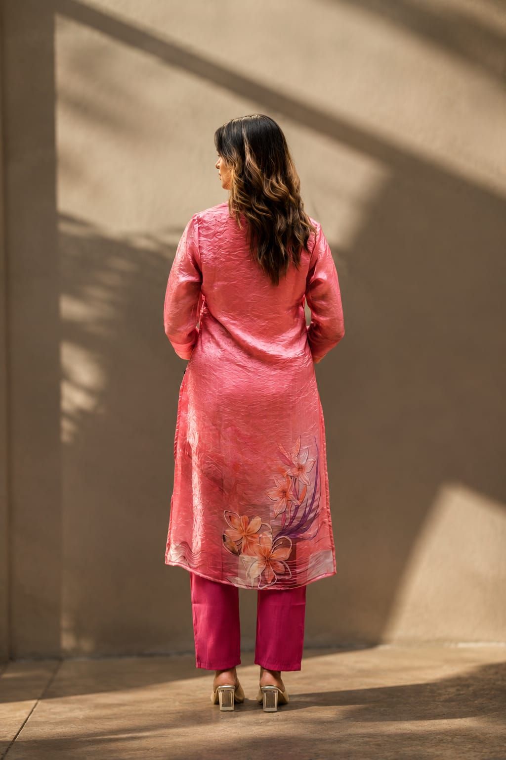 Peach Floral Printed Fendy Silk Straight Kurta Pant Set |, view 5