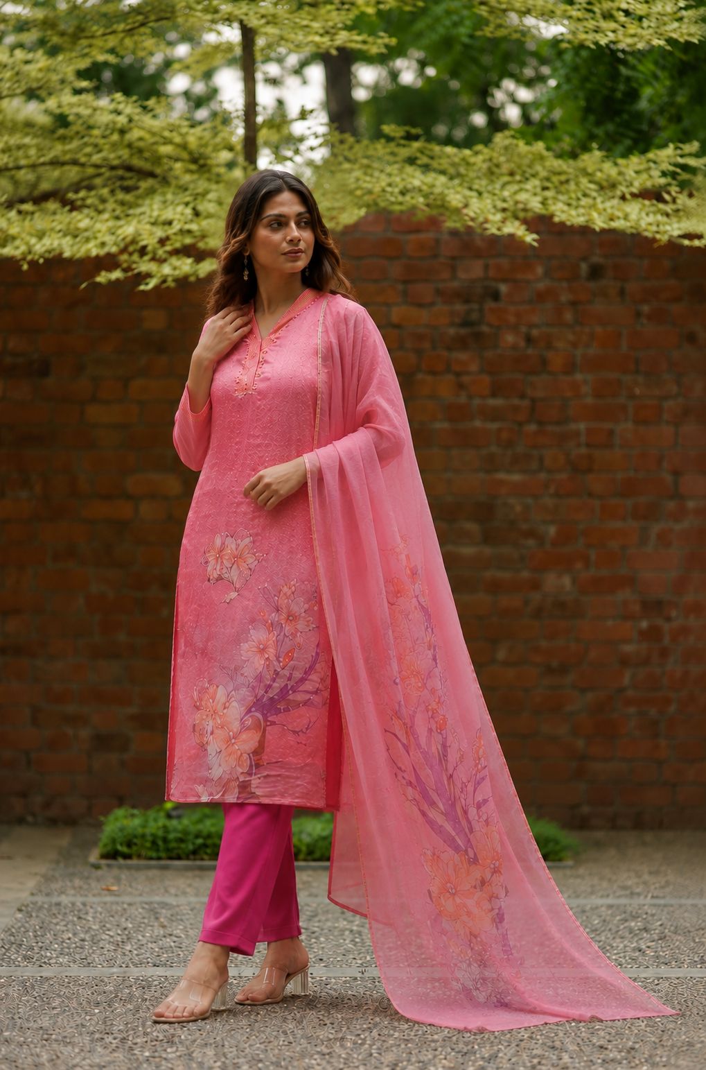 Peach Floral Printed Fendy Silk Straight Kurta Pant Set |, view 6