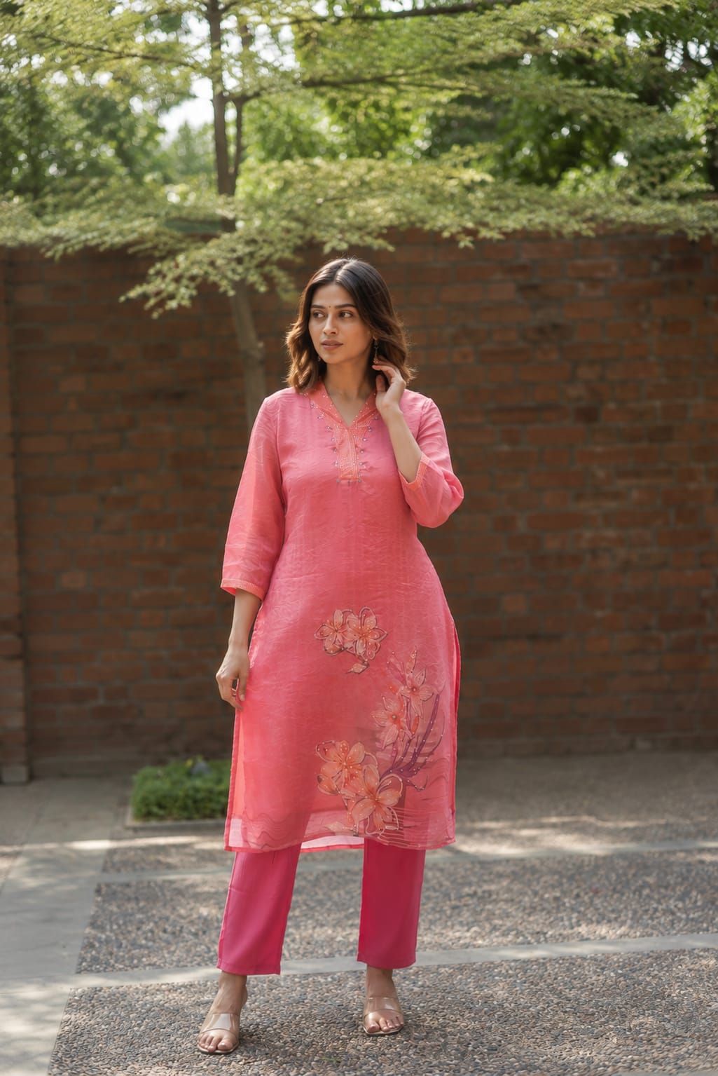 Peach Floral Printed Fendy Silk Straight Kurta Pant Set |, view 7