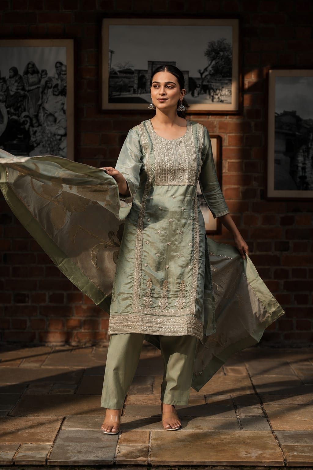Sage Green Embroidered Shimmer Tissue Straight Kurta Pant Dupatta Set, view 1