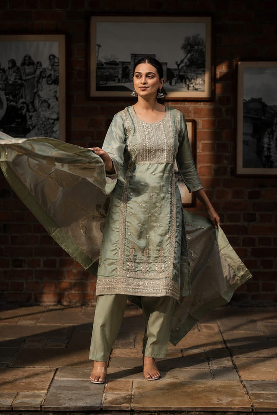 Sage Green Embroidered Shimmer Tissue Straight Kurta Pant Dupatta Set, view 1