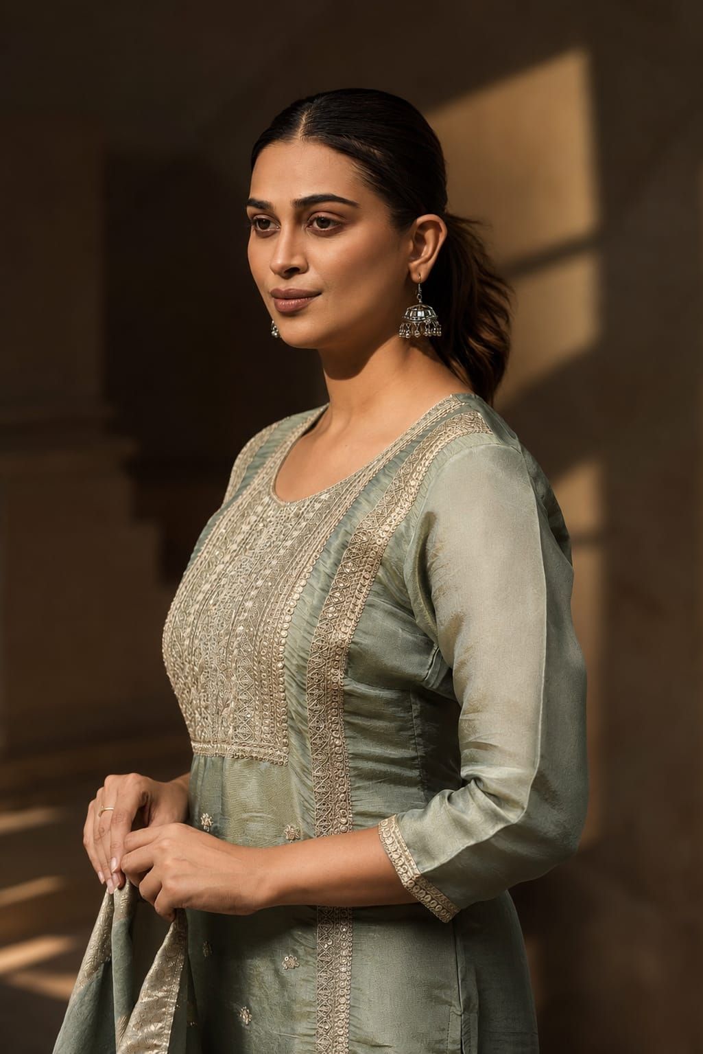 Sage Green Embroidered Shimmer Tissue Straight Kurta Pant Dupatta Set, view 2