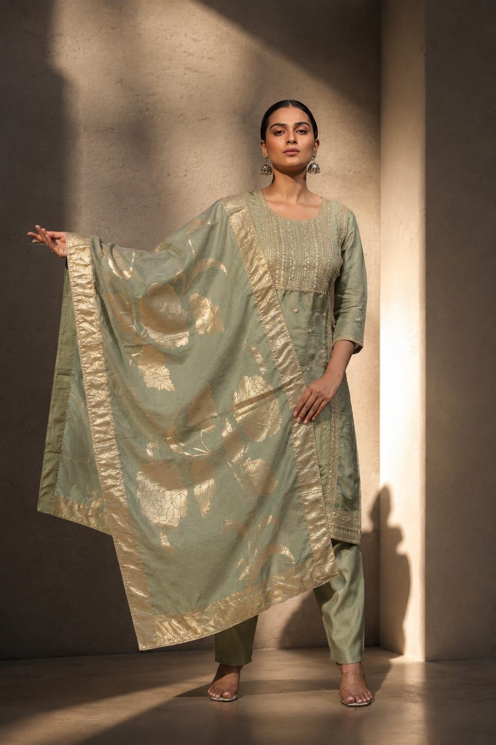 Sage Green Embroidered Shimmer Tissue Straight Kurta Pant Dupatta Set, view 3