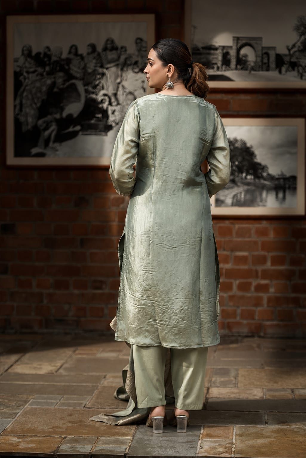 Sage Green Embroidered Shimmer Tissue Straight Kurta Pant Dupatta Set, view 4