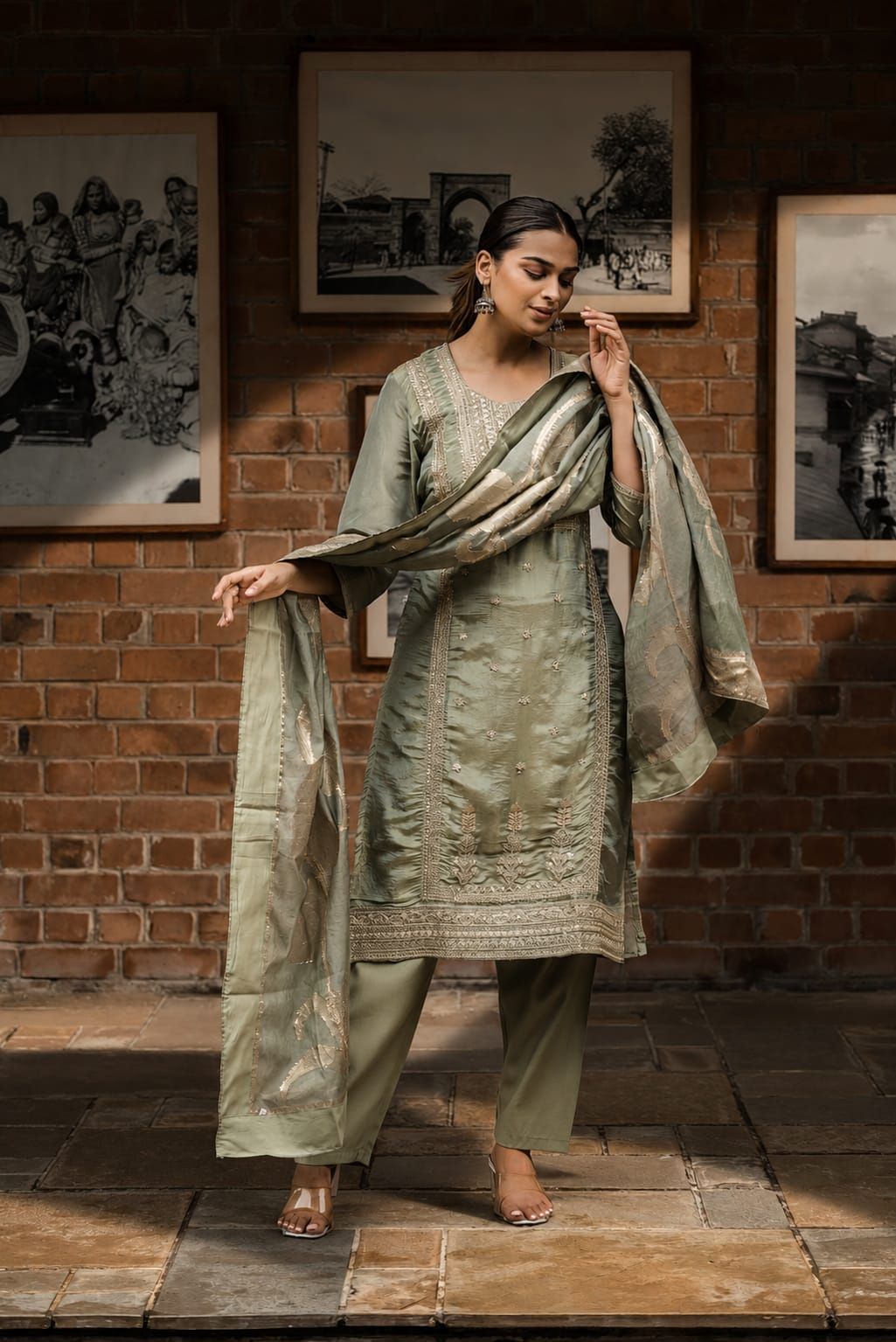 Sage Green Embroidered Shimmer Tissue Straight Kurta Pant Dupatta Set, view 5