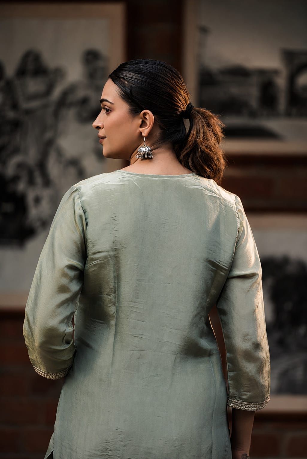Sage Green Embroidered Shimmer Tissue Straight Kurta Pant Dupatta Set, view 7