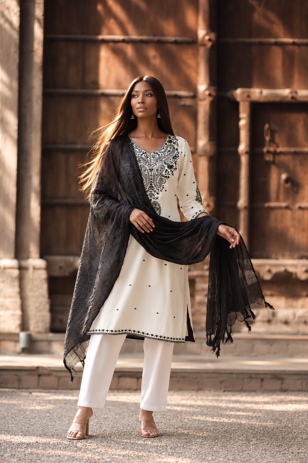 White & Black Embroidered Cotton Satin Straight Kurta Pant Dupatta Set, view 1