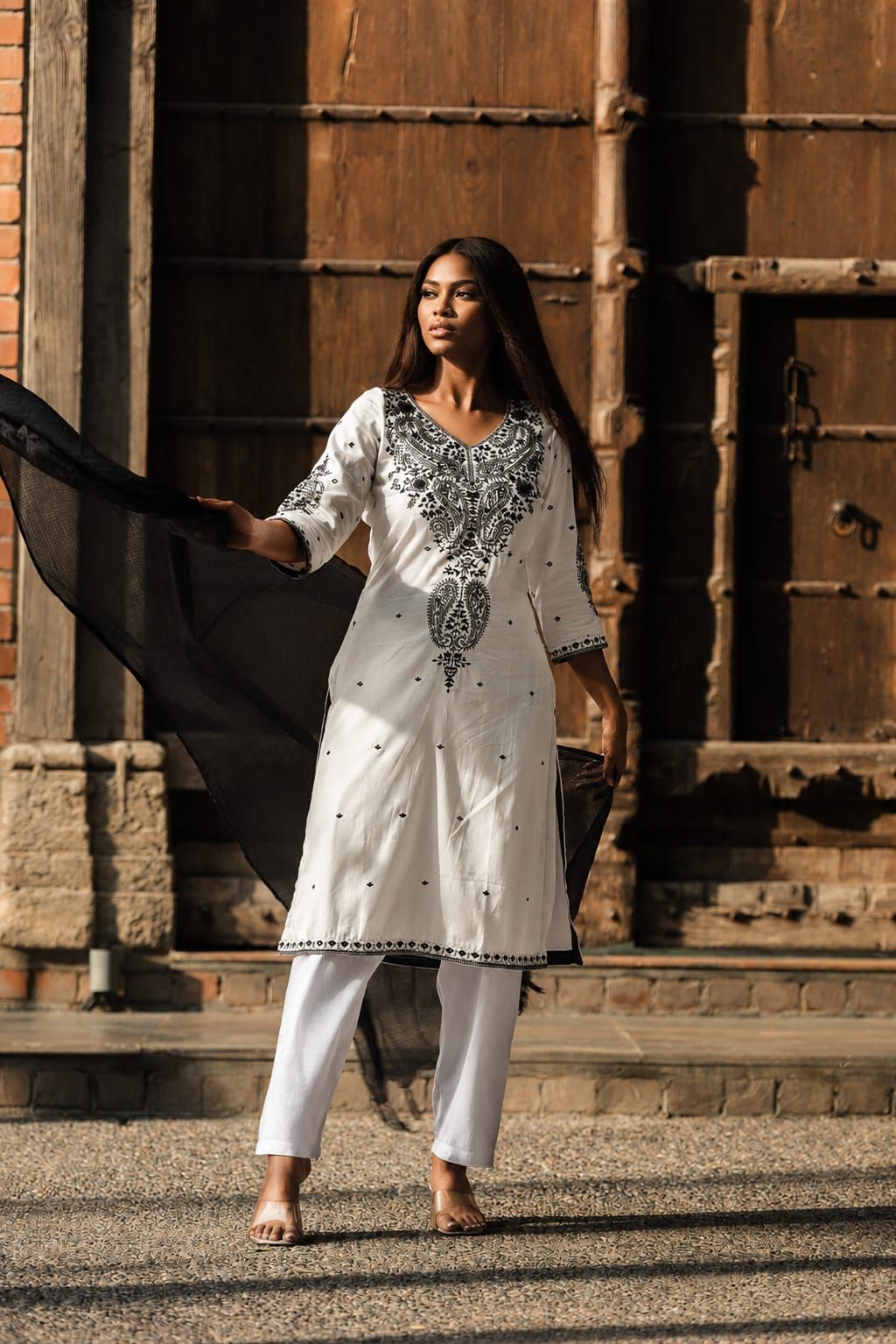 White & Black Embroidered Cotton Satin Straight Kurta Pant Dupatta Set, view 2