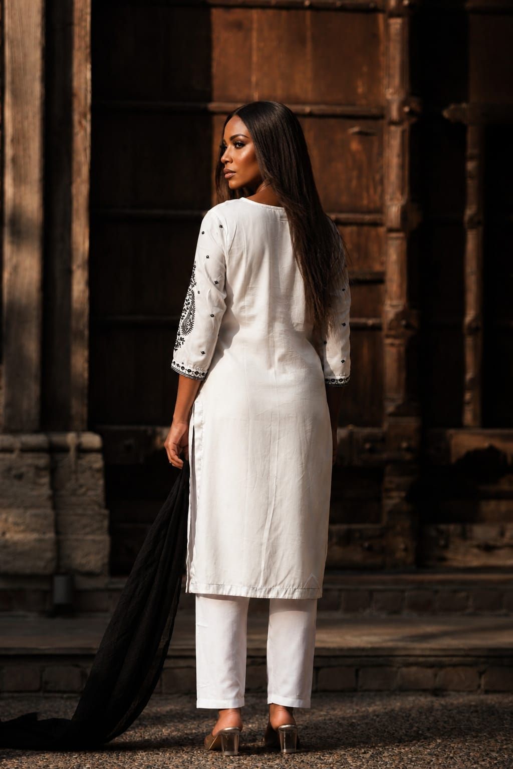 White & Black Embroidered Cotton Satin Straight Kurta Pant Dupatta Set, view 4