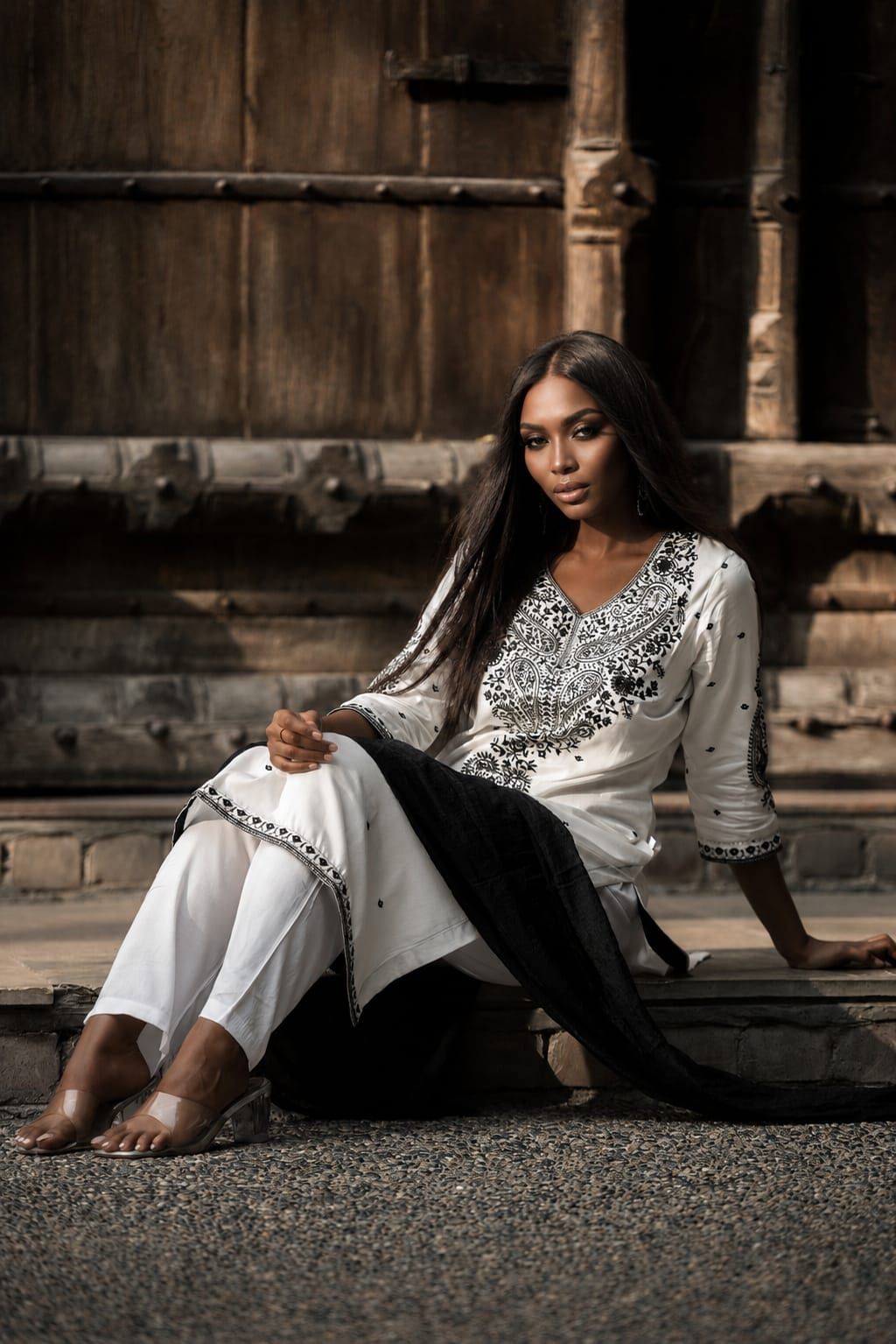 White & Black Embroidered Cotton Satin Straight Kurta Pant Dupatta Set, view 5