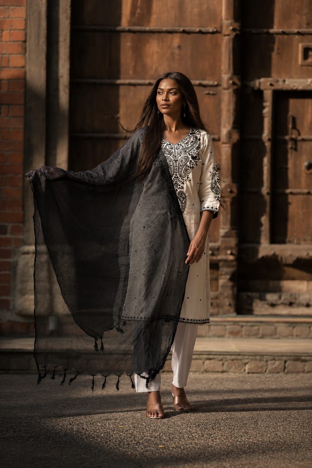 White & Black Embroidered Cotton Satin Straight Kurta Pant Dupatta Set, view 6