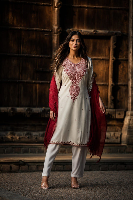 Maroon & Off White Embroidered Cotton Satin Straight Kurta Pant Dupatta Set, view 1