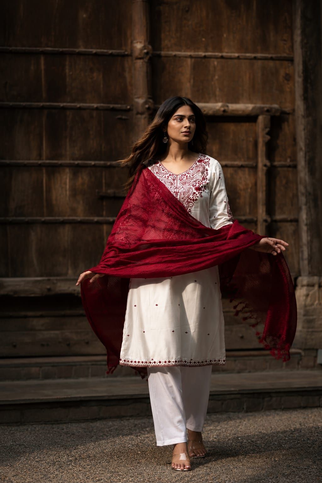 Maroon & Off White Embroidered Cotton Satin Straight Kurta Pant Dupatta Set, view 2