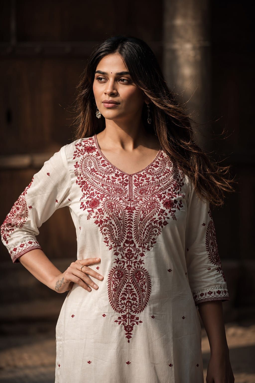 Maroon & Off White Embroidered Cotton Satin Straight Kurta Pant Dupatta Set, view 3