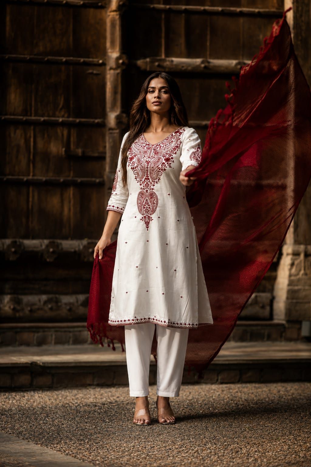 Maroon & Off White Embroidered Cotton Satin Straight Kurta Pant Dupatta Set, view 5