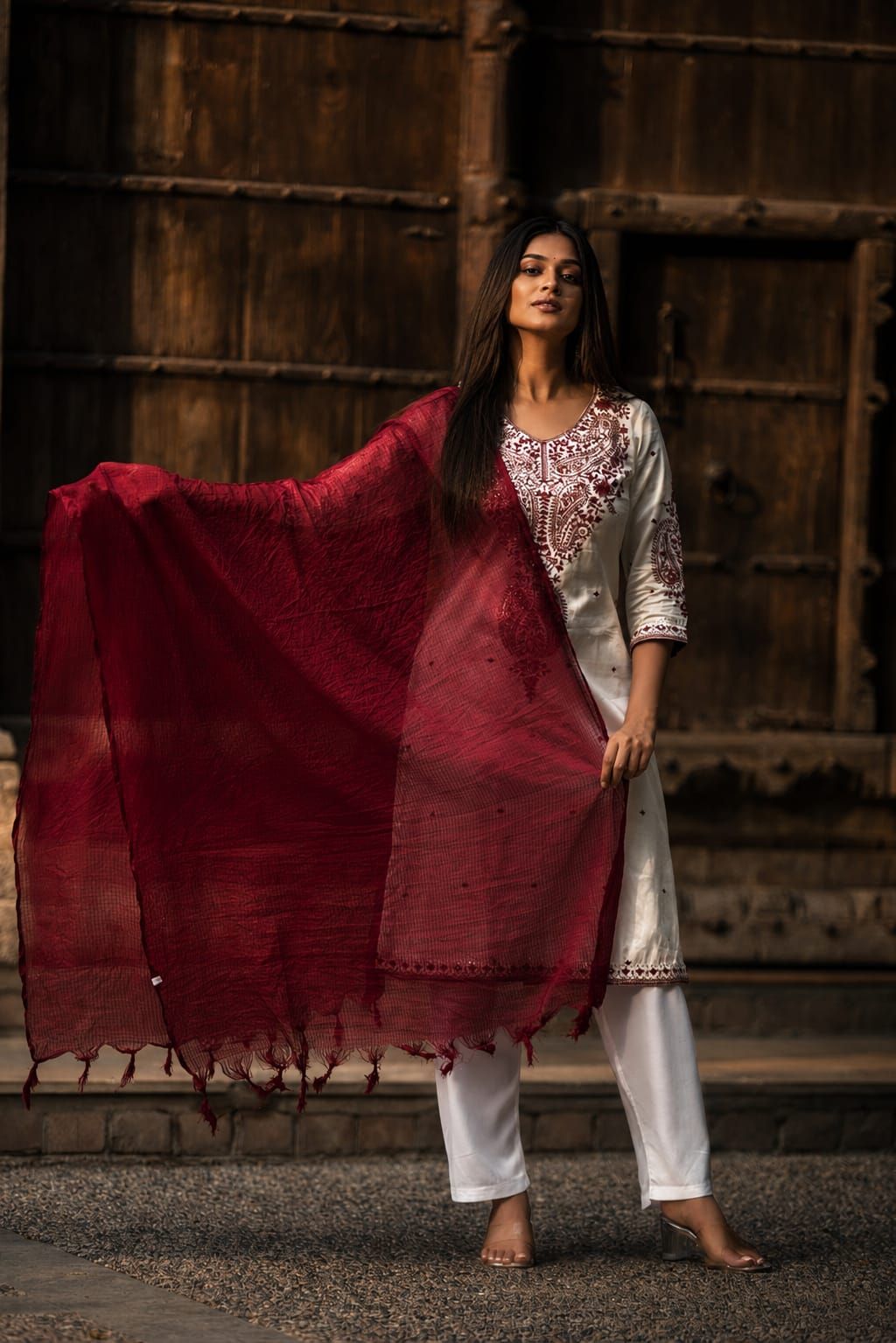 Maroon & Off White Embroidered Cotton Satin Straight Kurta Pant Dupatta Set, view 6