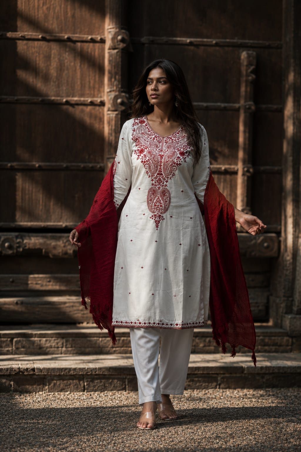 Maroon & Off White Embroidered Cotton Satin Straight Kurta Pant Dupatta Set, view 8