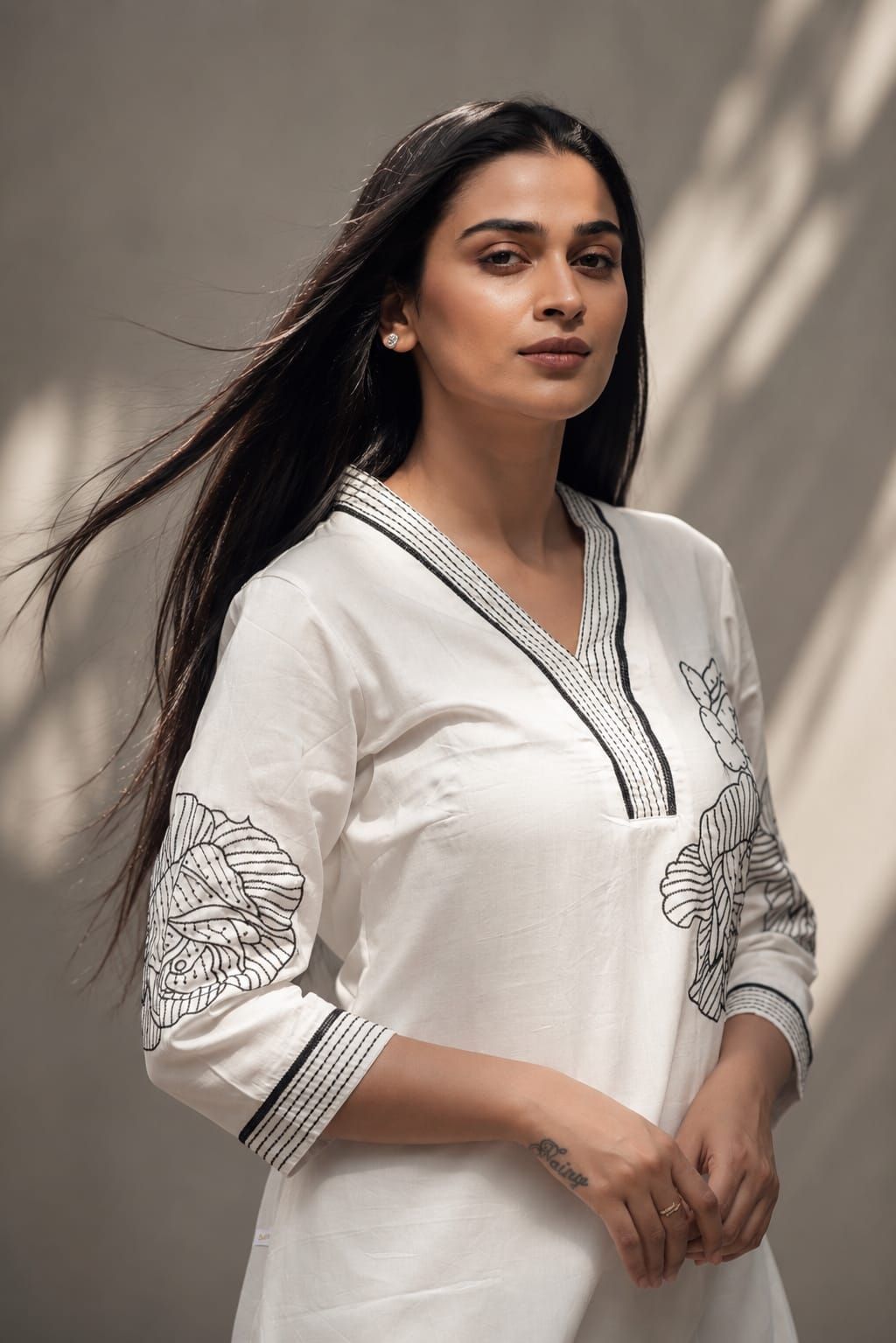 White & Black Printed Cotton Satin Kurta, view 2