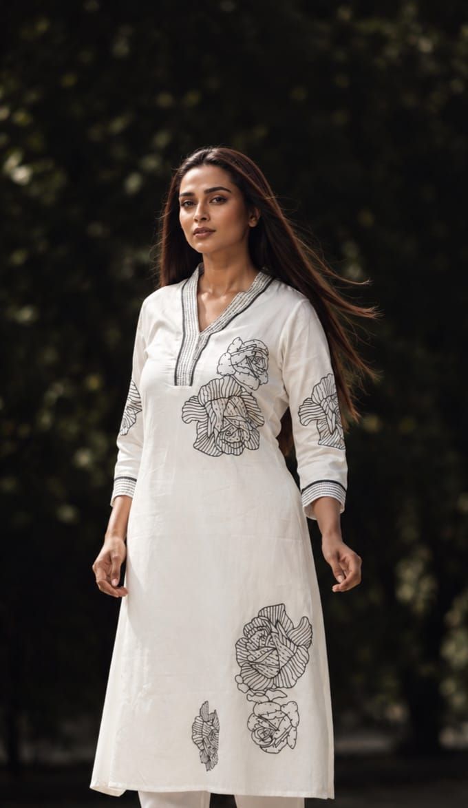 White & Black Printed Cotton Satin Kurta, view 5