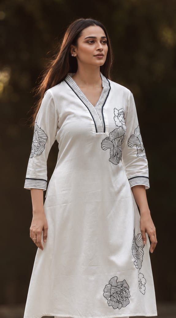 White & Black Printed Cotton Satin Kurta, view 7