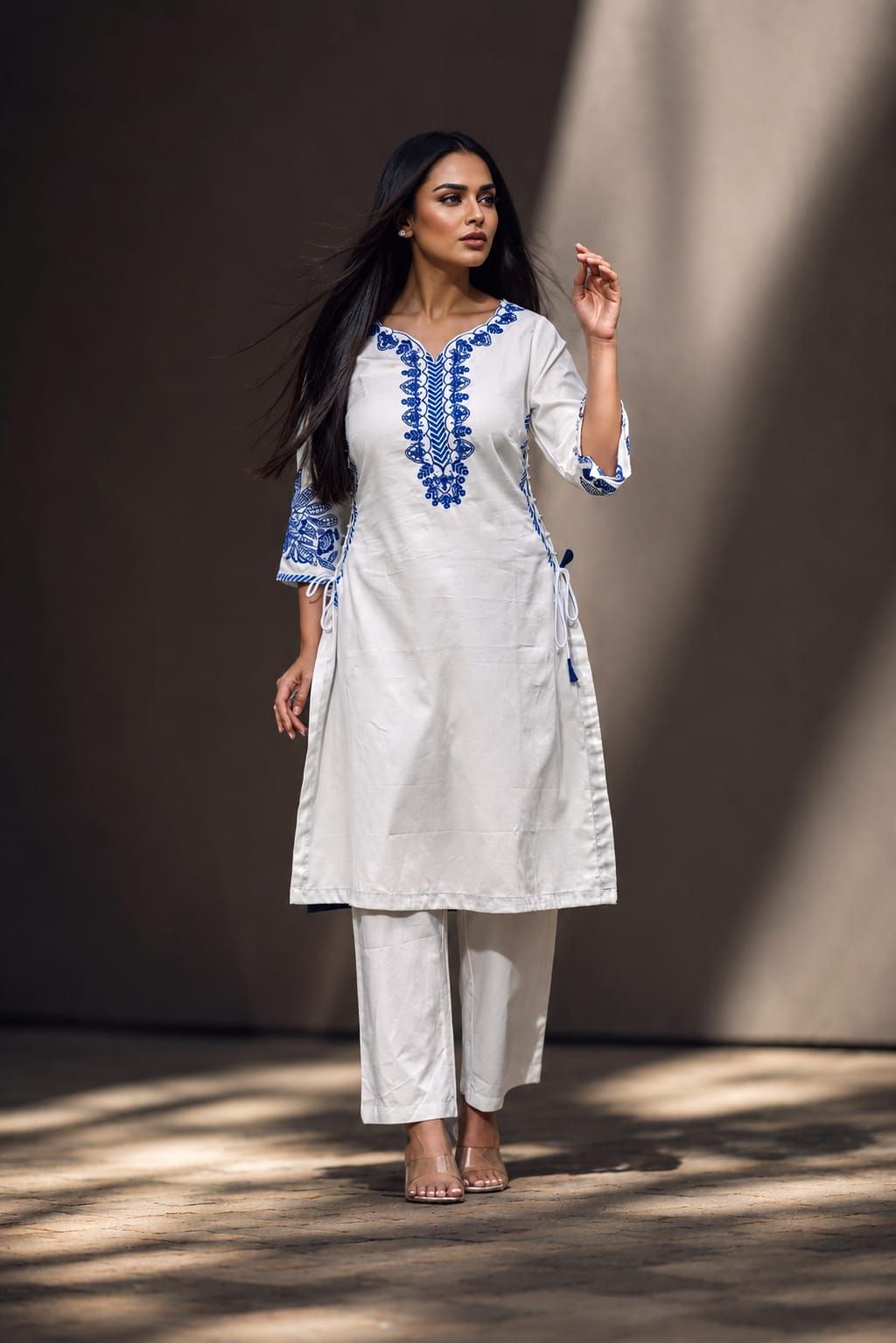 White & Blue Embroidered Cotton Kurta, view 1