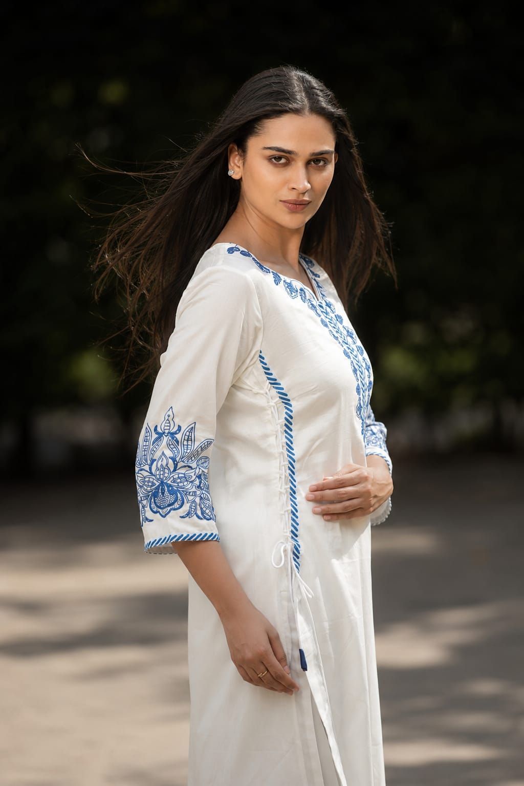 White & Blue Embroidered Cotton Kurta, view 2